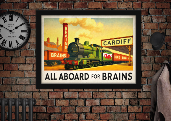 Brains Brewery All Aboard Cardiff Vintage Style Drinks Advertising Poster