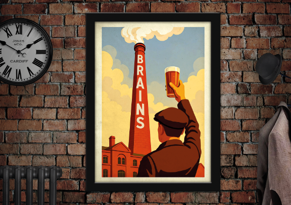 Brains Brewery Chimney Cardiff Vintage Style Drinks Advertising Poster