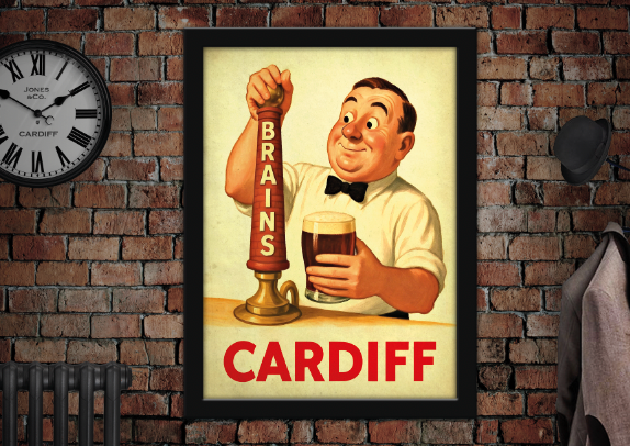 Brains Cardiff Pulling Pint Vintage Style Drinks Advertising Poster