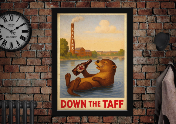 Brains Down the River Taff Cardiff Vintage Style Drinks Advertising Poster