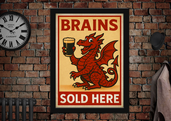 Brains Sold Here Cardiff Brewery Vintage Style Drinks Advertising Poster