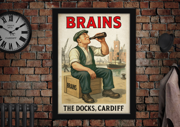 Brains The Docks Cardiff Vintage Style Drinks Advertising Poster