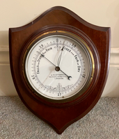 Brass Mounted Circular Antique Aneroid Barometer on Wooden Shield