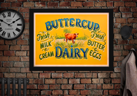 Butter Cup Dairy Farm Jersey Cow Hand Painted Vintage Style Poster