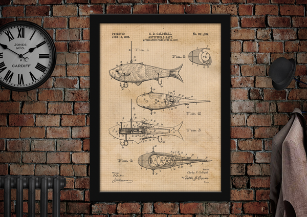 C D Caldwell Artificial Bait 1907 Blueprint Patent No. 891037 Poster