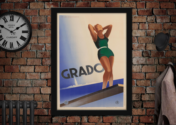 Grado Dive Board Swimming Woman in Costume Vintage Style Poster