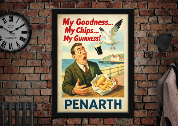 Penarth Seagull Steals Chips Guinness Vintage Style Advertising Poster