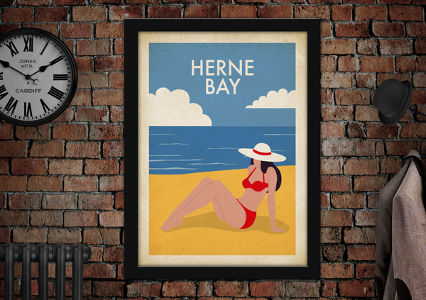 Herne Bay Sunbathing Vintage Style Holiday Poster