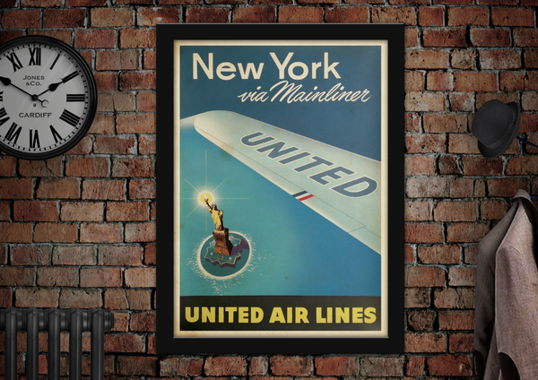 New York via Mainliner United Air Lines Vintage Air Travel Poster. 