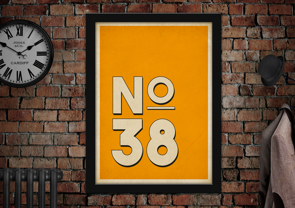 Personalised 'House Number' vintage style poster antique orange print. 