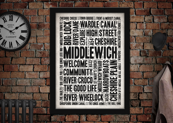 Middlewich English Towns Letter Press Style Poster