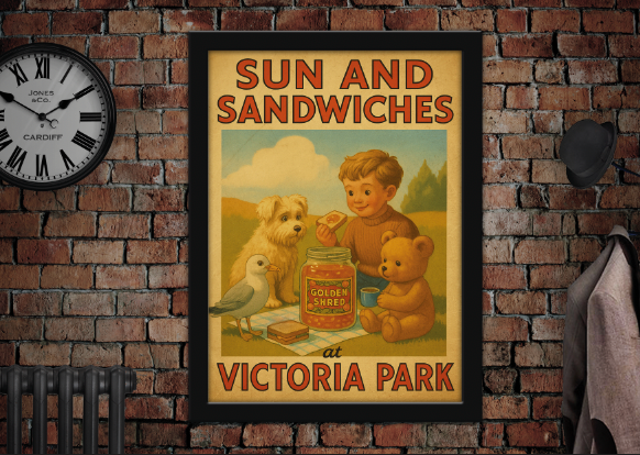 Sun and Sandwiches at Victoria Park Cardiff Vintage Style Advertising Poster
