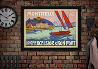 Vintage Grand Hotel Montreux Switzerland luggage label poster, nostalgic Swiss travel art print for wall decor.