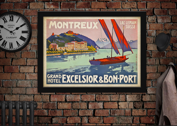 Vintage Grand Hotel Montreux Switzerland luggage label poster, nostalgic Swiss travel art print for wall decor.