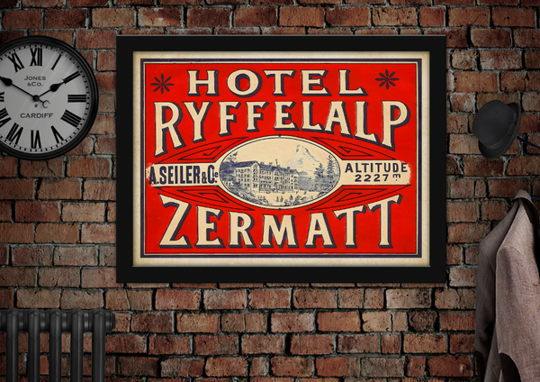 Vintage Hotel Ryffelalp Zermatt 2227m Switzerland luggage label poster wall art