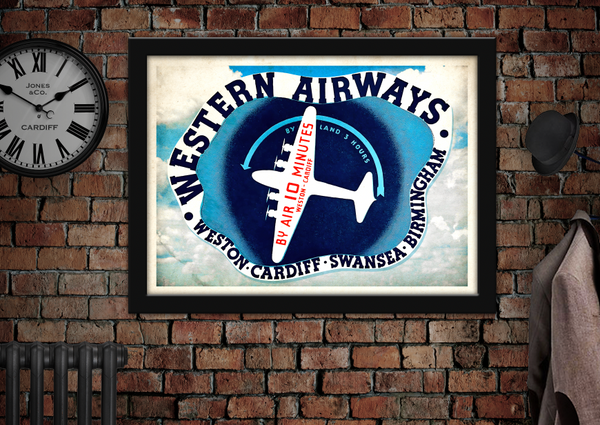 Western Airways vintage travel poster featuring Weston, Cardiff, Swansea and Birmingham in a contemporary retro design