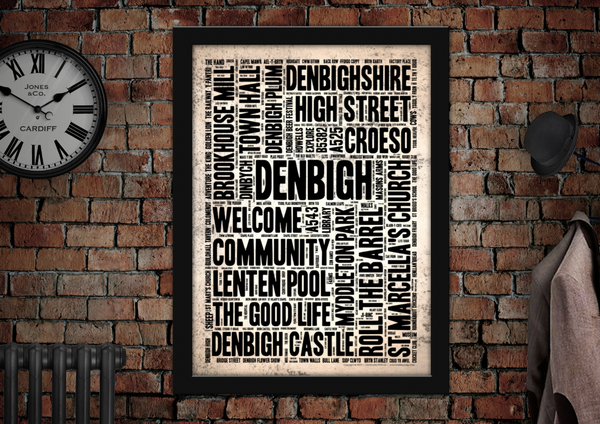 Denbigh Welsh Town Letter Press Style Poster