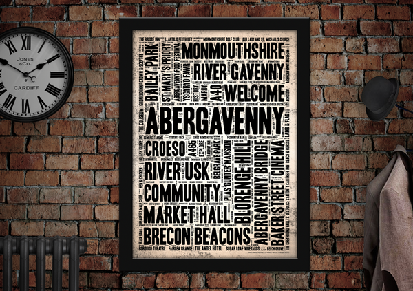 Abergavenny Welsh Towns Letter Press Style Poster